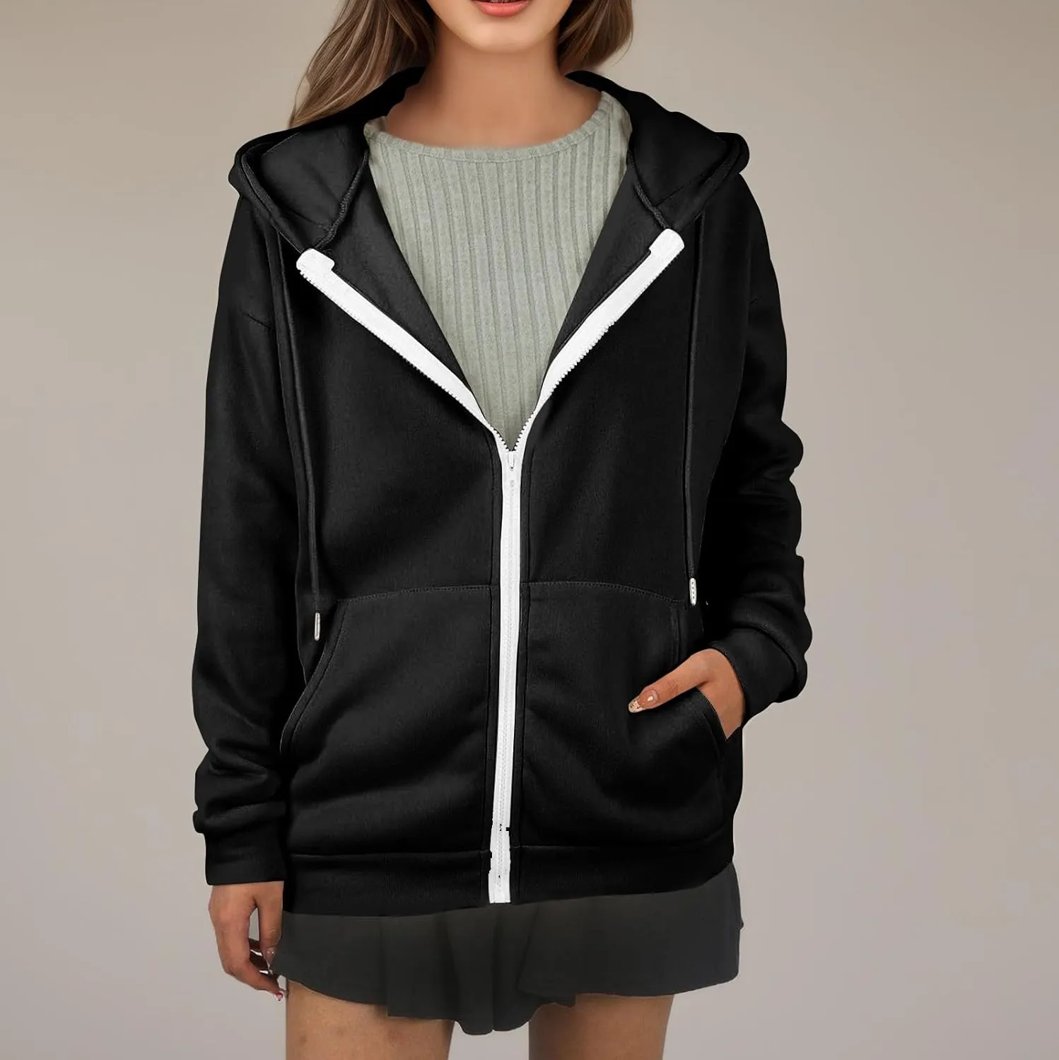 Zip Up Hoodie Women Lightweight Fleece Zip Up Jacket Casual Drawstring Plain Oversized Hooded Sweatshirt with Pockets