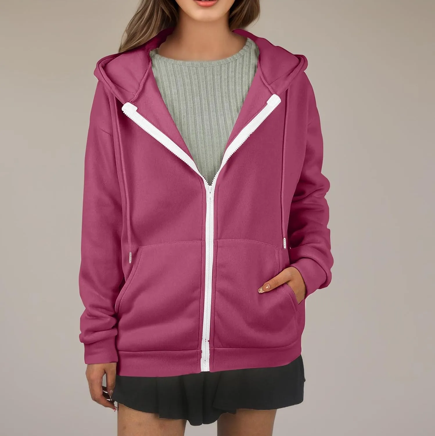Zip Up Hoodie Women Lightweight Fleece Zip Up Jacket Casual Drawstring Plain Oversized Hooded Sweatshirt with Pockets