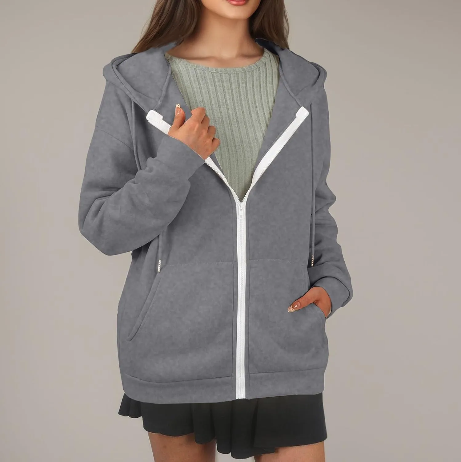 Zip Up Hoodie Women Lightweight Fleece Zip Up Jacket Casual Drawstring Plain Oversized Hooded Sweatshirt with Pockets