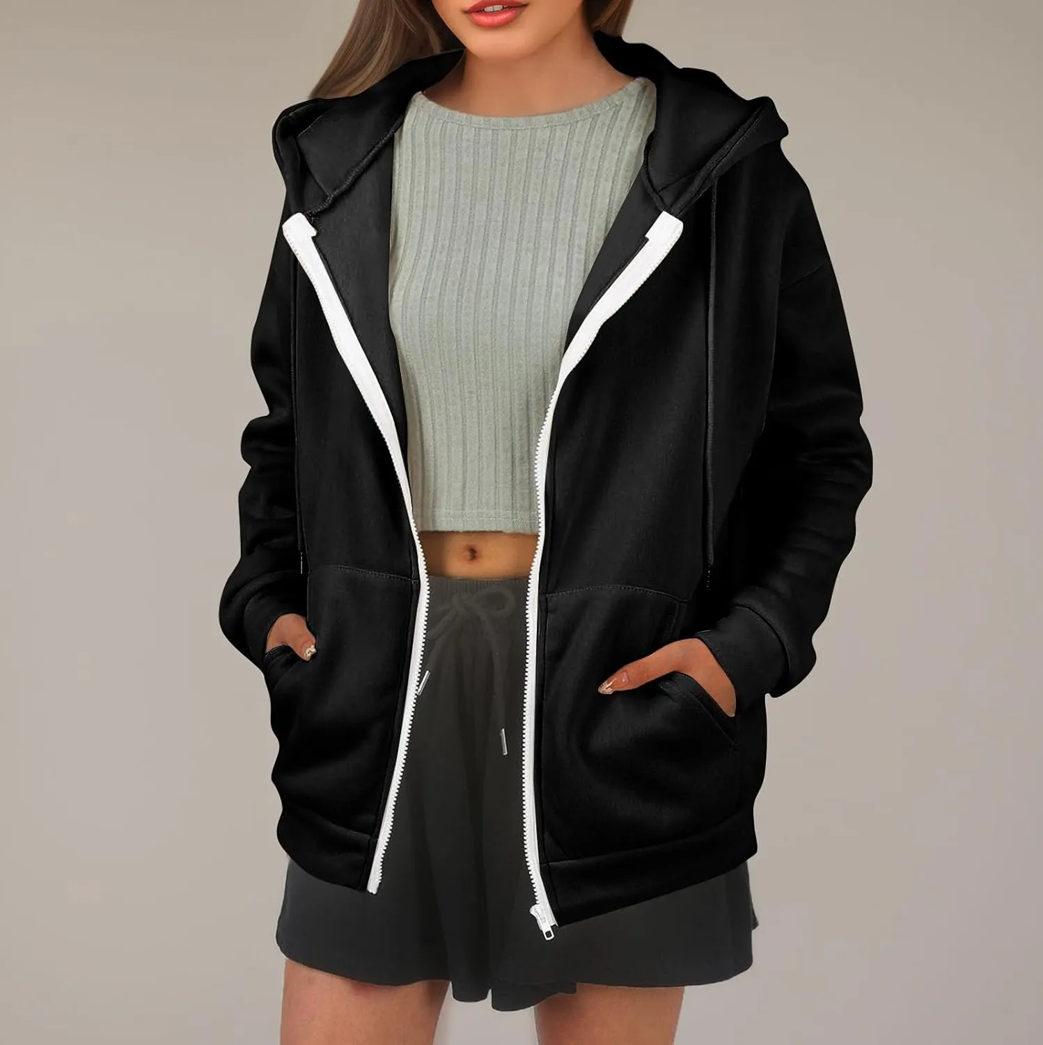 Zip Up Hoodie Women Lightweight Fleece Zip Up Jacket Casual Drawstring Plain Oversized Hooded Sweatshirt with Pockets