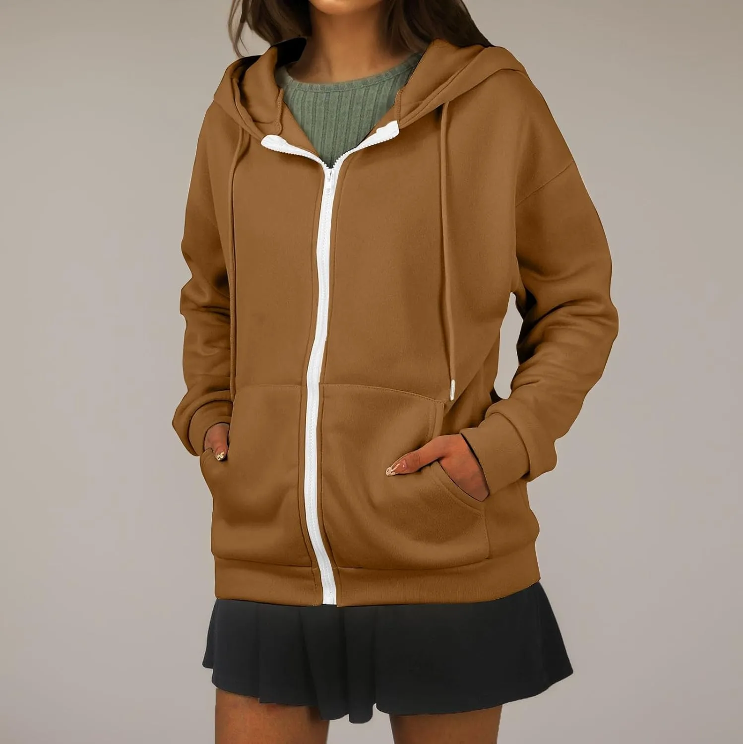 Zip Up Hoodie Women Lightweight Fleece Zip Up Jacket Casual Drawstring Plain Oversized Hooded Sweatshirt with Pockets