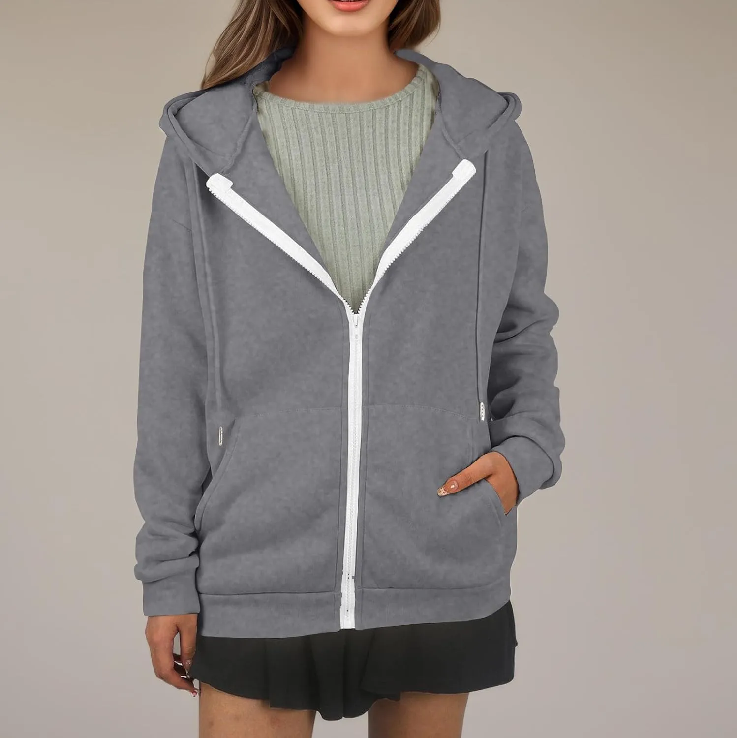 Zip Up Hoodie Women Lightweight Fleece Zip Up Jacket Casual Drawstring Plain Oversized Hooded Sweatshirt with Pockets