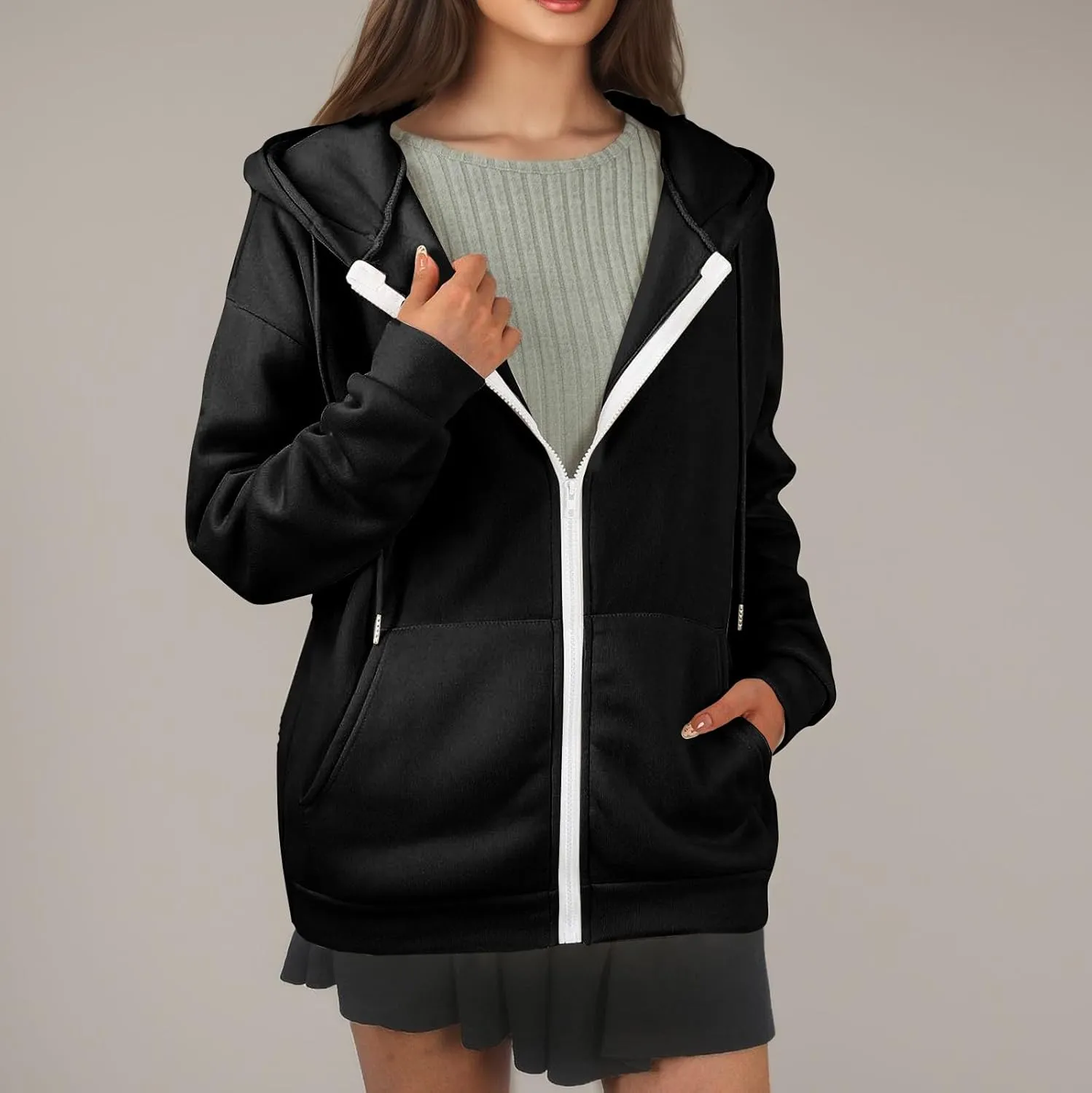 Zip Up Hoodie Women Lightweight Fleece Zip Up Jacket Casual Drawstring Plain Oversized Hooded Sweatshirt with Pockets