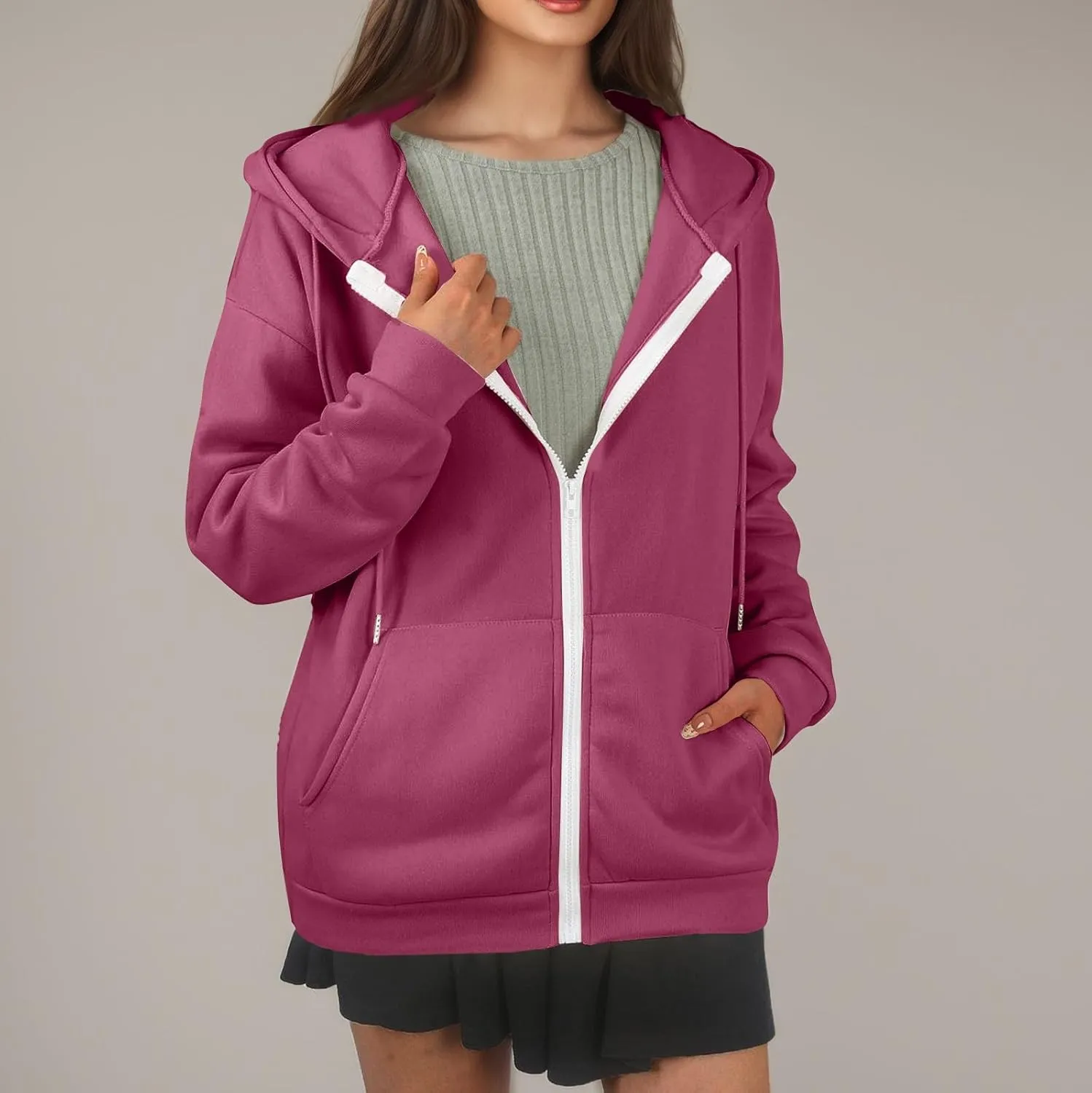Zip Up Hoodie Women Lightweight Fleece Zip Up Jacket Casual Drawstring Plain Oversized Hooded Sweatshirt with Pockets