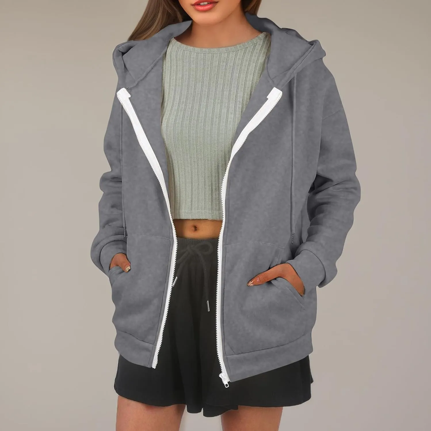Zip Up Hoodie Women Lightweight Fleece Zip Up Jacket Casual Drawstring Plain Oversized Hooded Sweatshirt with Pockets