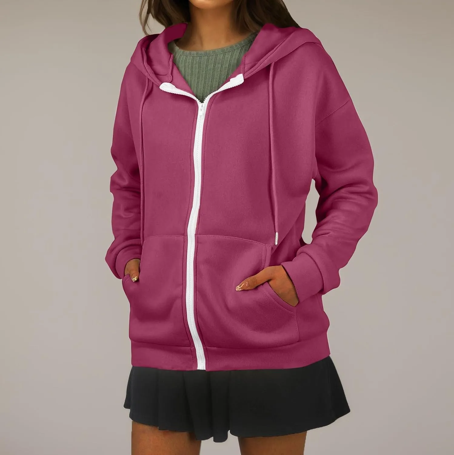 Zip Up Hoodie Women Lightweight Fleece Zip Up Jacket Casual Drawstring Plain Oversized Hooded Sweatshirt with Pockets