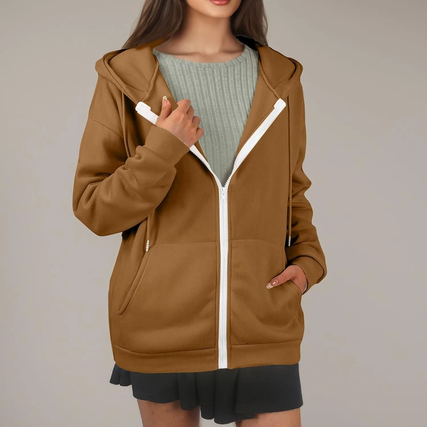 Zip Up Hoodie Women Lightweight Fleece Zip Up Jacket Casual Drawstring Plain Oversized Hooded Sweatshirt with Pockets