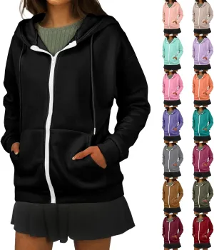 Zip Up Hoodie Women Lightweight Fleece Zip Up Jacket Casual Drawstring Plain Oversized Hooded Sweatshirt with Pockets