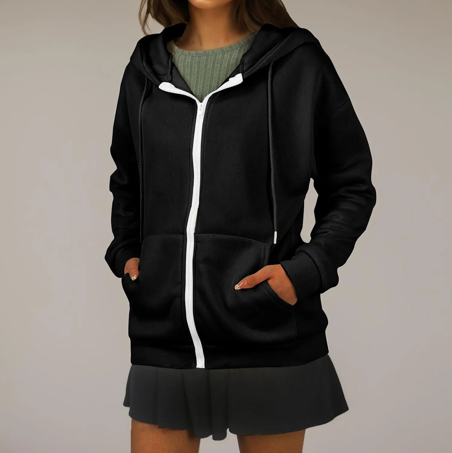 Zip Up Hoodie Women Lightweight Fleece Zip Up Jacket Casual Drawstring Plain Oversized Hooded Sweatshirt with Pockets