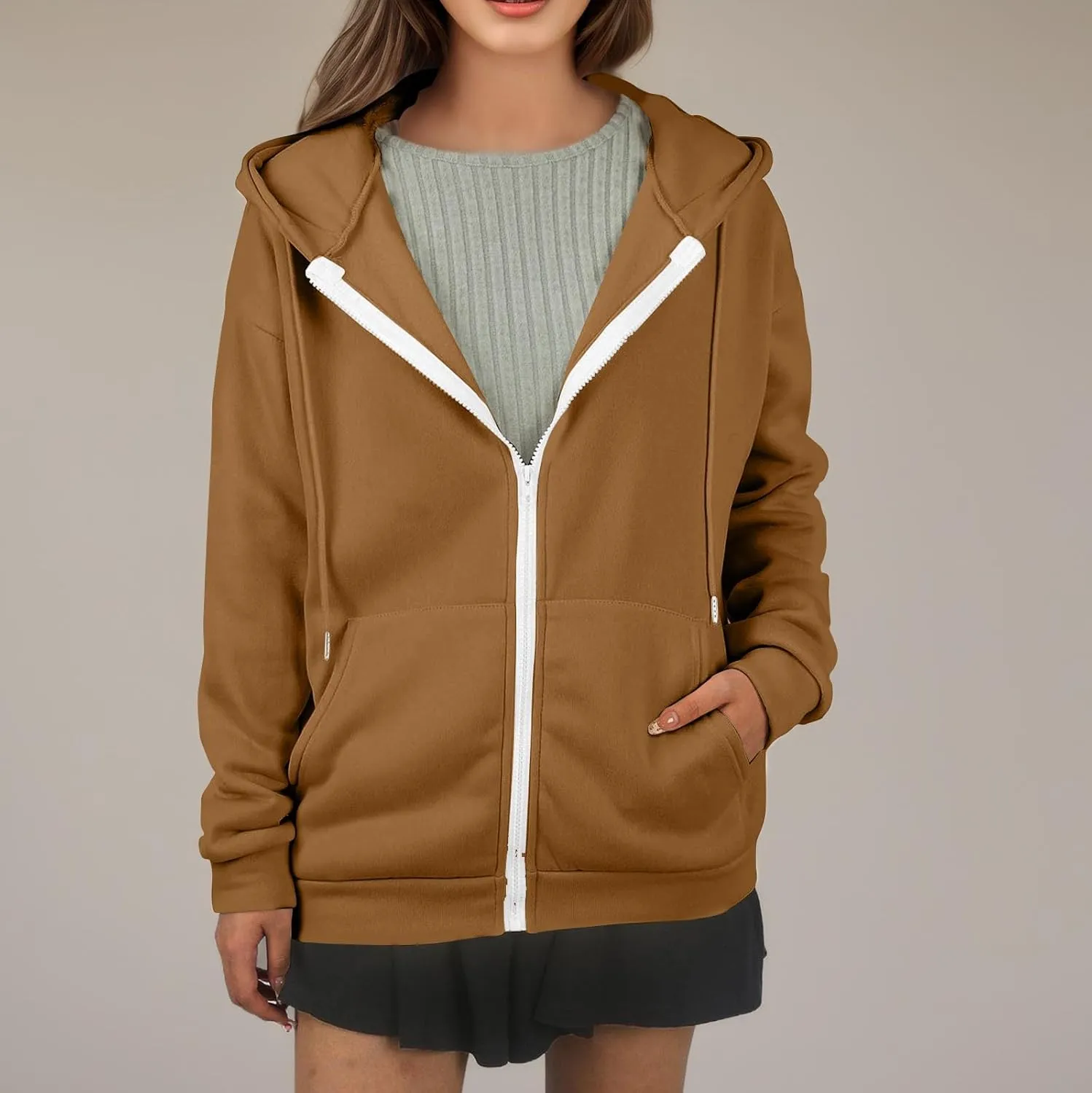 Zip Up Hoodie Women Lightweight Fleece Zip Up Jacket Casual Drawstring Plain Oversized Hooded Sweatshirt with Pockets