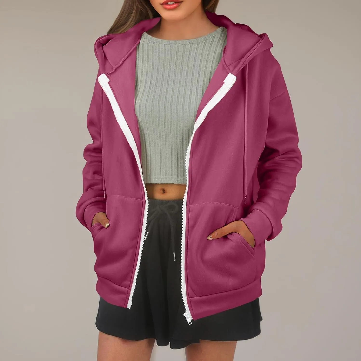 Zip Up Hoodie Women Lightweight Fleece Zip Up Jacket Casual Drawstring Plain Oversized Hooded Sweatshirt with Pockets