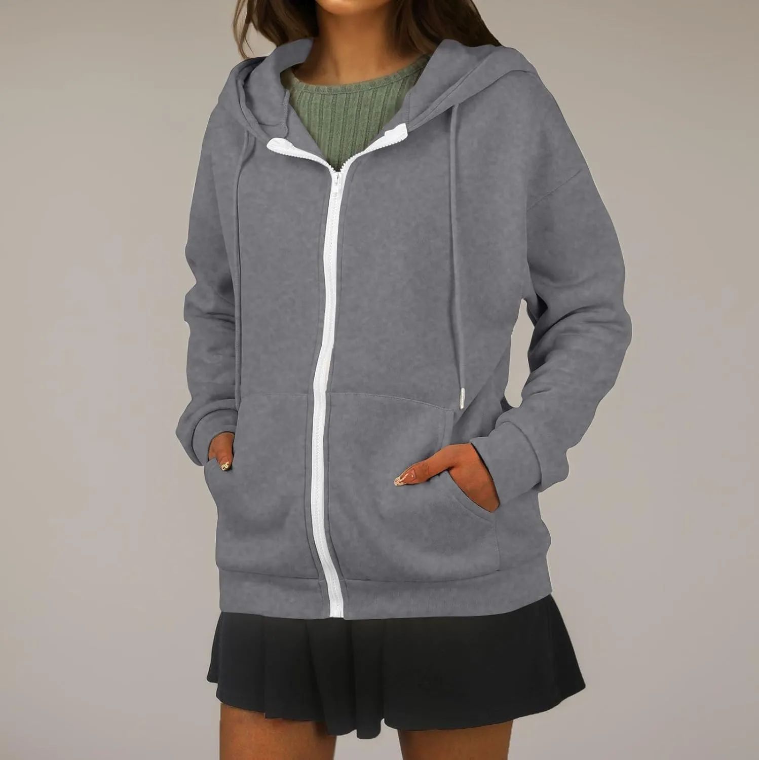 Zip Up Hoodie Women Lightweight Fleece Zip Up Jacket Casual Drawstring Plain Oversized Hooded Sweatshirt with Pockets