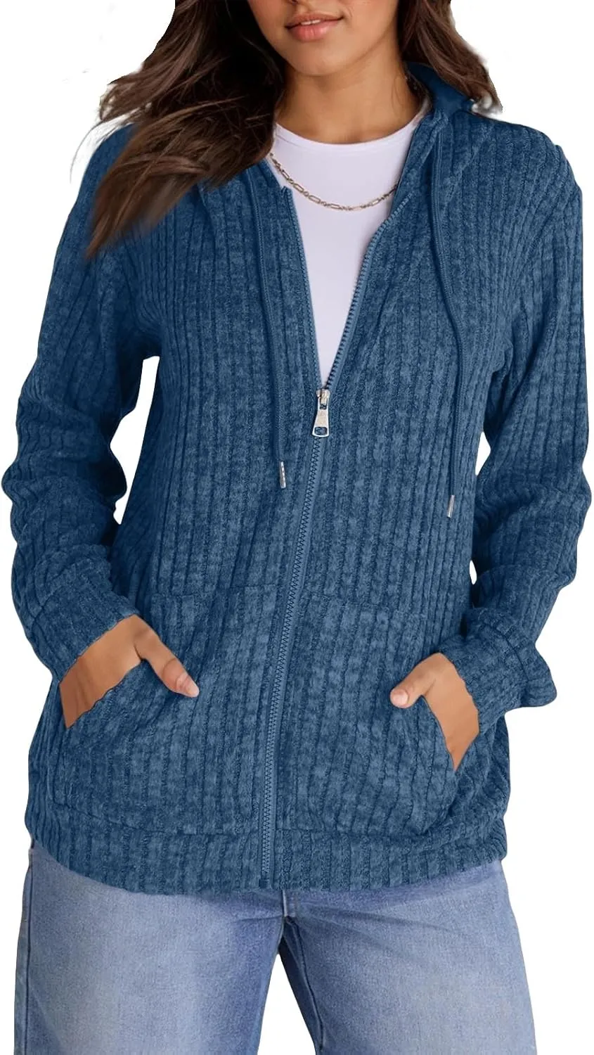 Zip Up Hoodie Women Oversized Sweaters Hoodies Casual Drawstring Lightweight Knit Workout Zip Up Jackets with Pockets