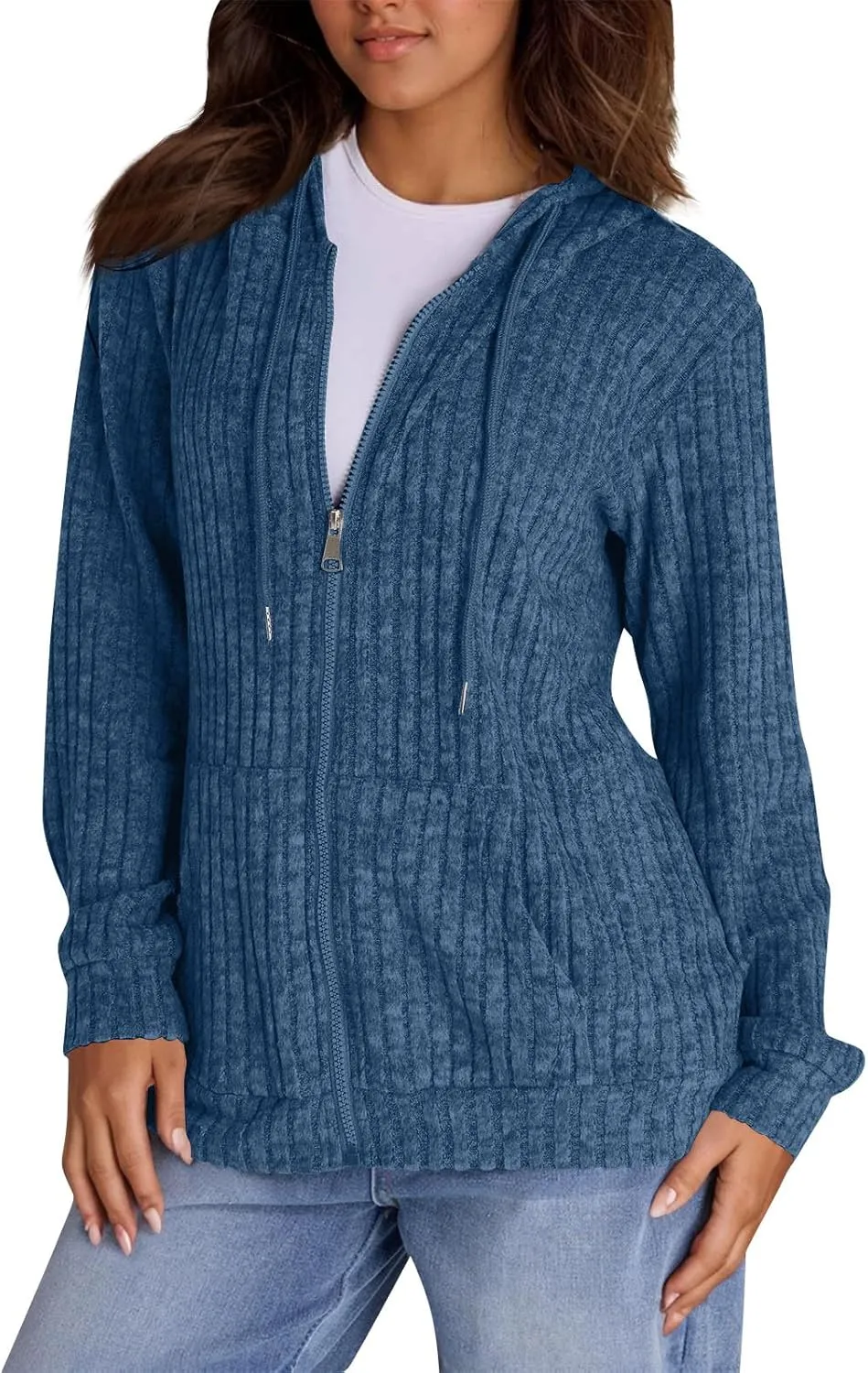 Zip Up Hoodie Women Oversized Sweaters Hoodies Casual Drawstring Lightweight Knit Workout Zip Up Jackets with Pockets