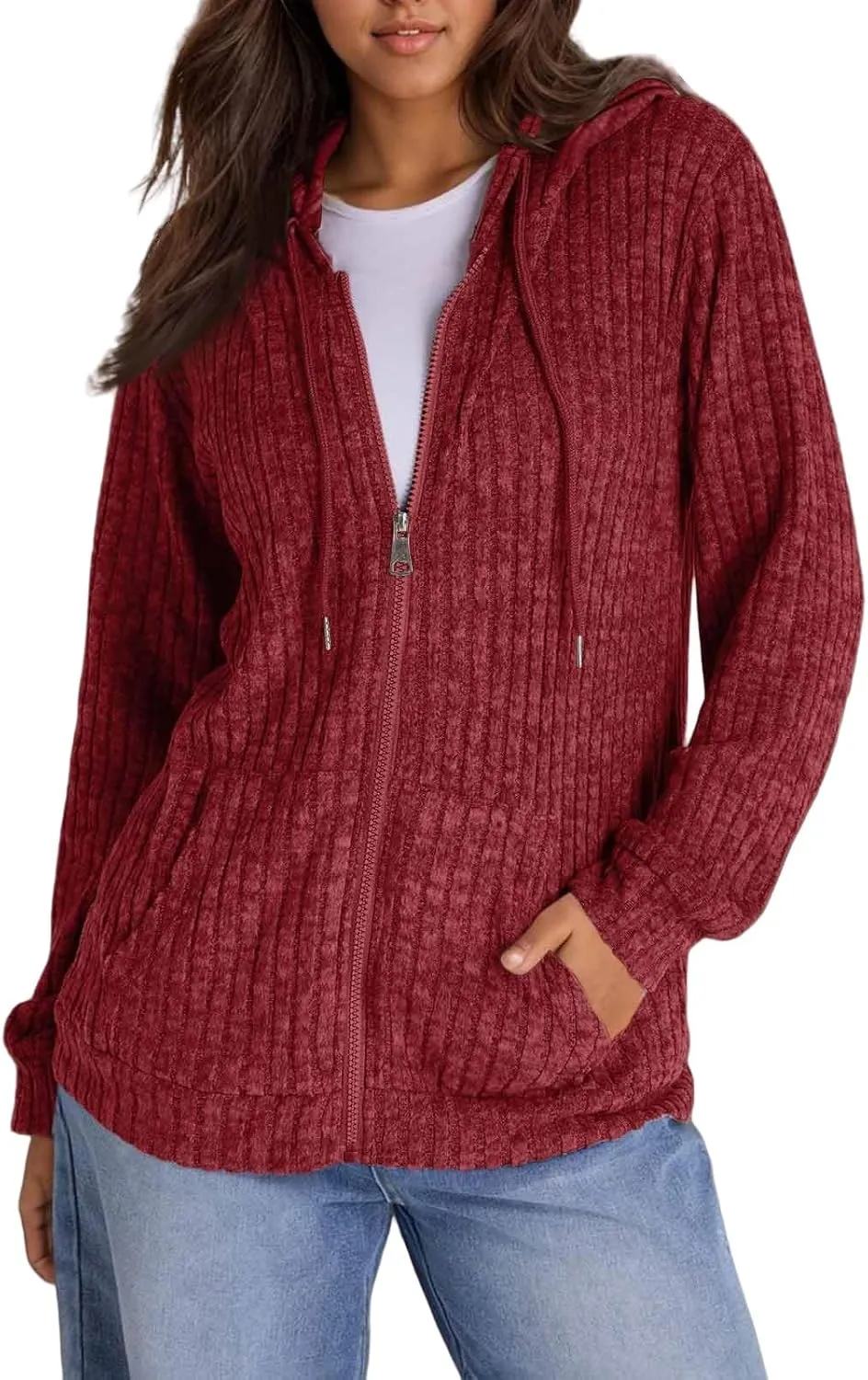 Zip Up Hoodie Women Oversized Sweaters Hoodies Casual Drawstring Lightweight Knit Workout Zip Up Jackets with Pockets