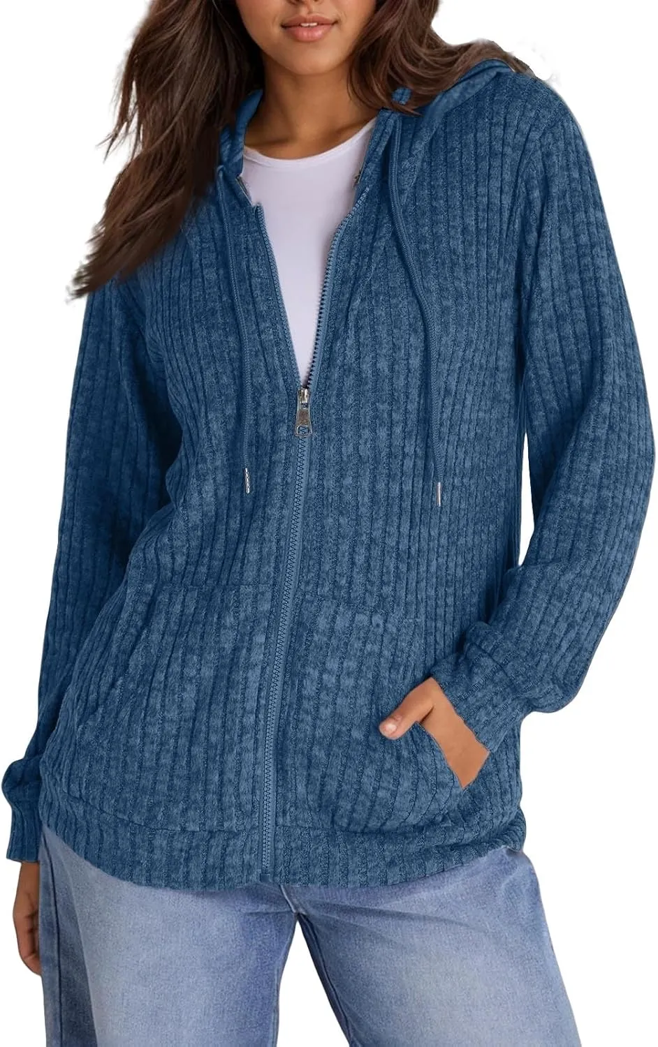Zip Up Hoodie Women Oversized Sweaters Hoodies Casual Drawstring Lightweight Knit Workout Zip Up Jackets with Pockets