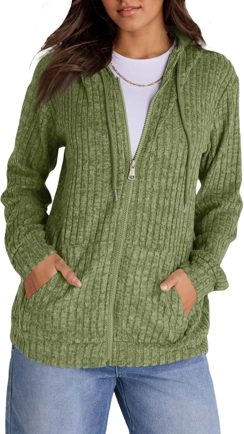 Zip Up Hoodie Women Oversized Zip Up Sweaters Casual Drawstring Lightweight Knit Athletic Zip Up Jackets with Pockets