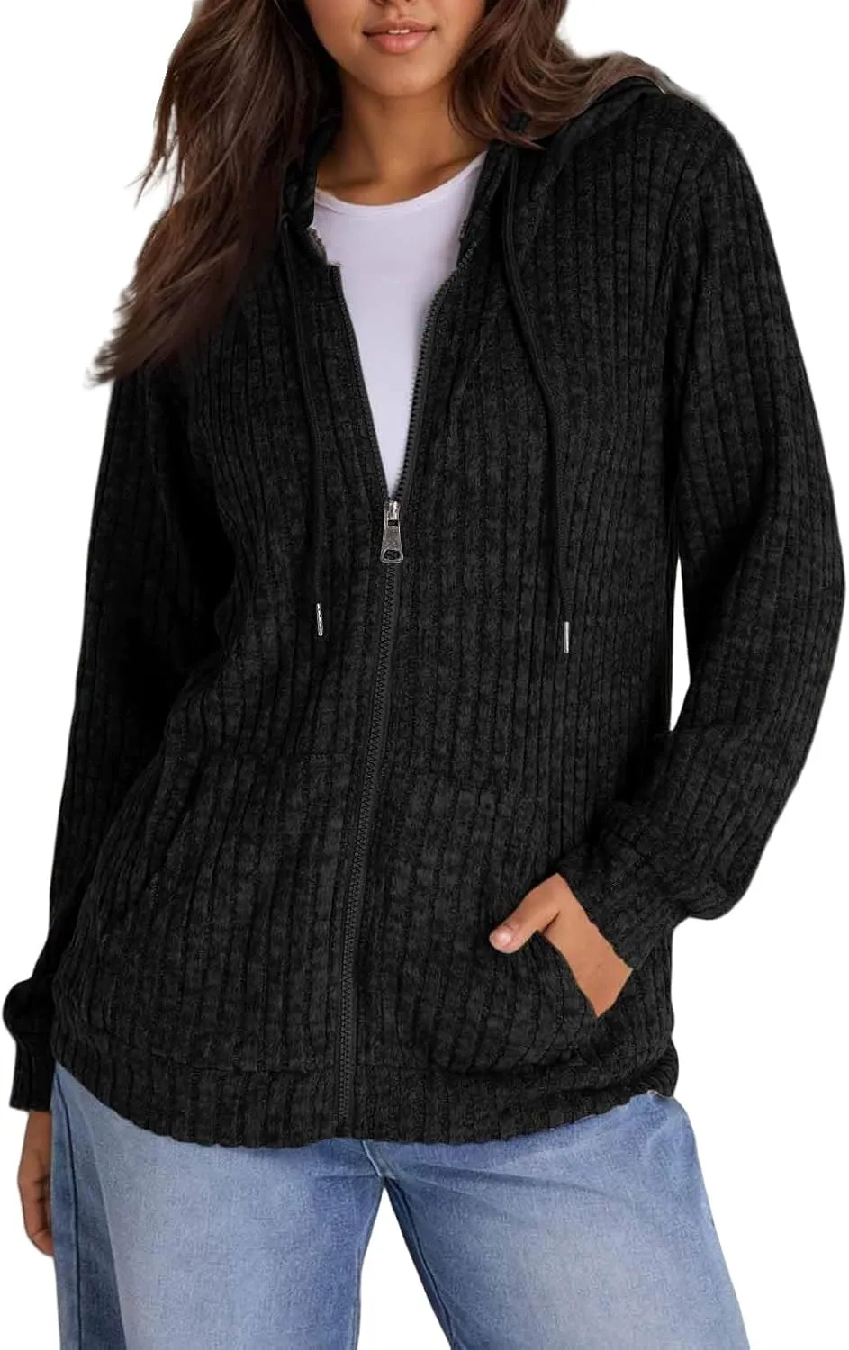 Zip Up Hoodie Women Oversized Zip Up Sweaters Casual Drawstring Lightweight Knit Athletic Zip Up Jackets with Pockets