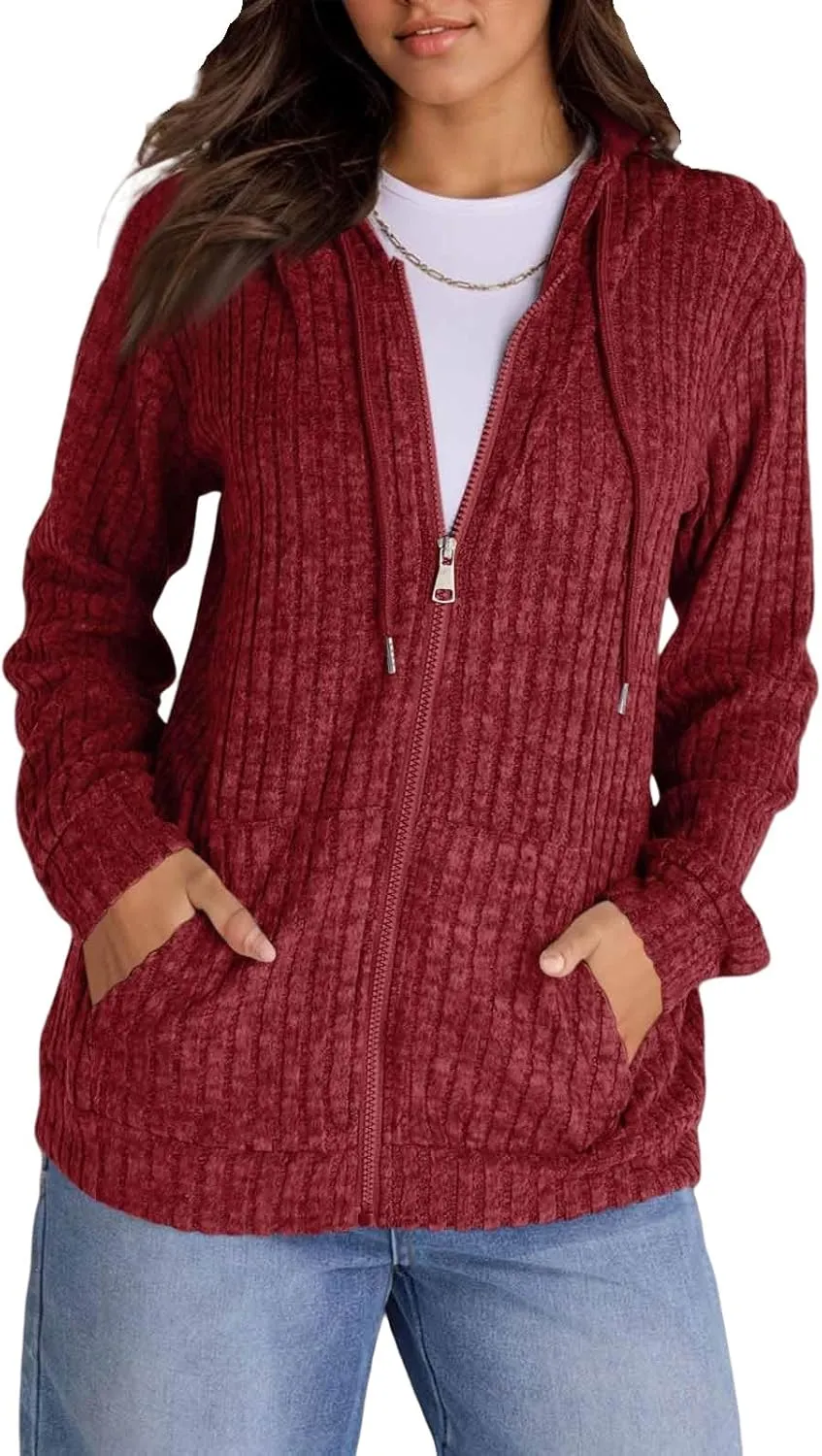 Zip Up Hoodie Women Oversized Zip Up Sweaters Casual Drawstring Lightweight Knit Athletic Zip Up Jackets with Pockets