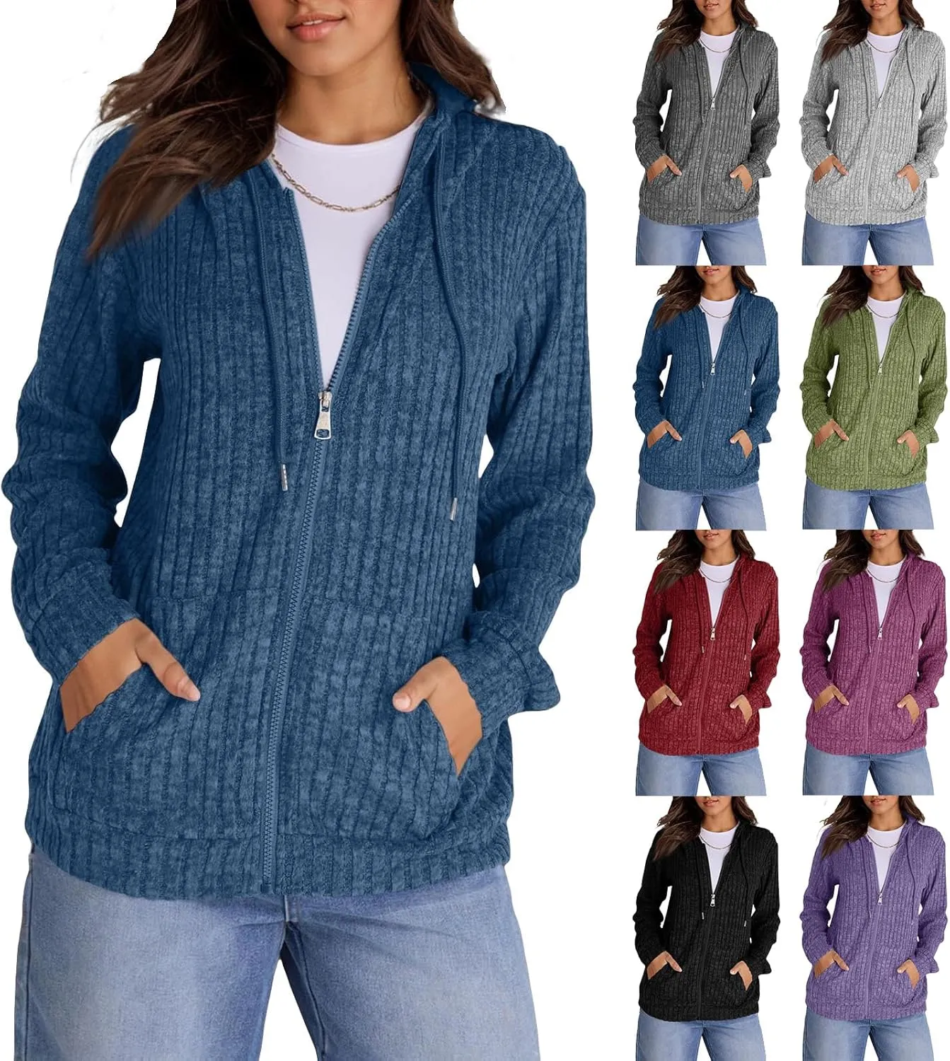 Zip Up Hoodie Women Oversized Zip Up Sweaters Casual Drawstring Lightweight Knit Athletic Zip Up Jackets with Pockets