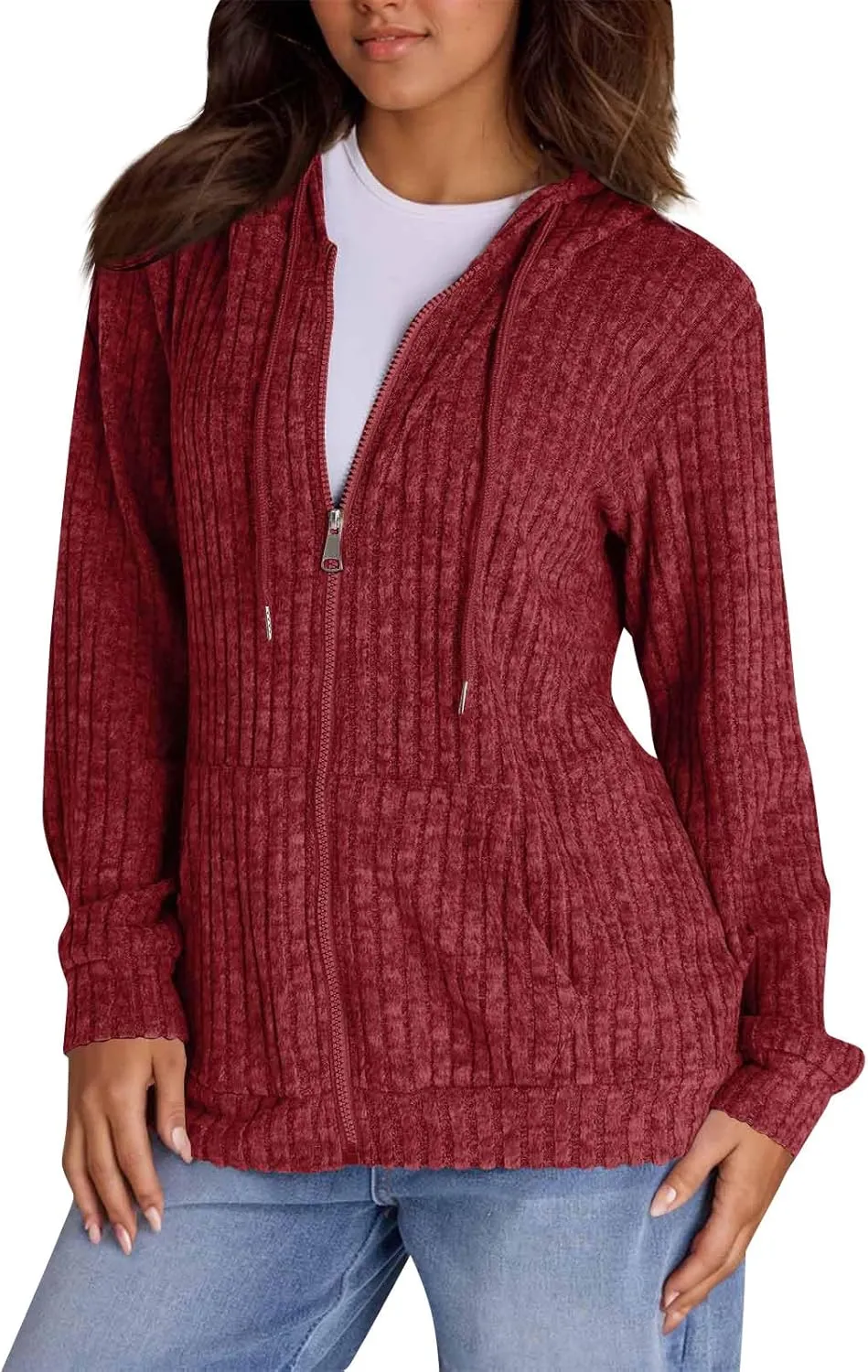 Zip Up Hoodie Women Oversized Zip Up Sweaters Casual Drawstring Lightweight Knit Athletic Zip Up Jackets with Pockets