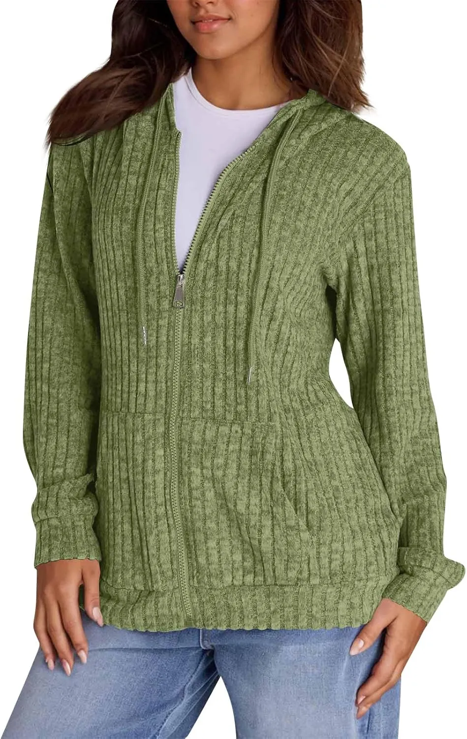 Zip Up Hoodie Women Oversized Zip Up Sweaters Casual Drawstring Lightweight Knit Athletic Zip Up Jackets with Pockets