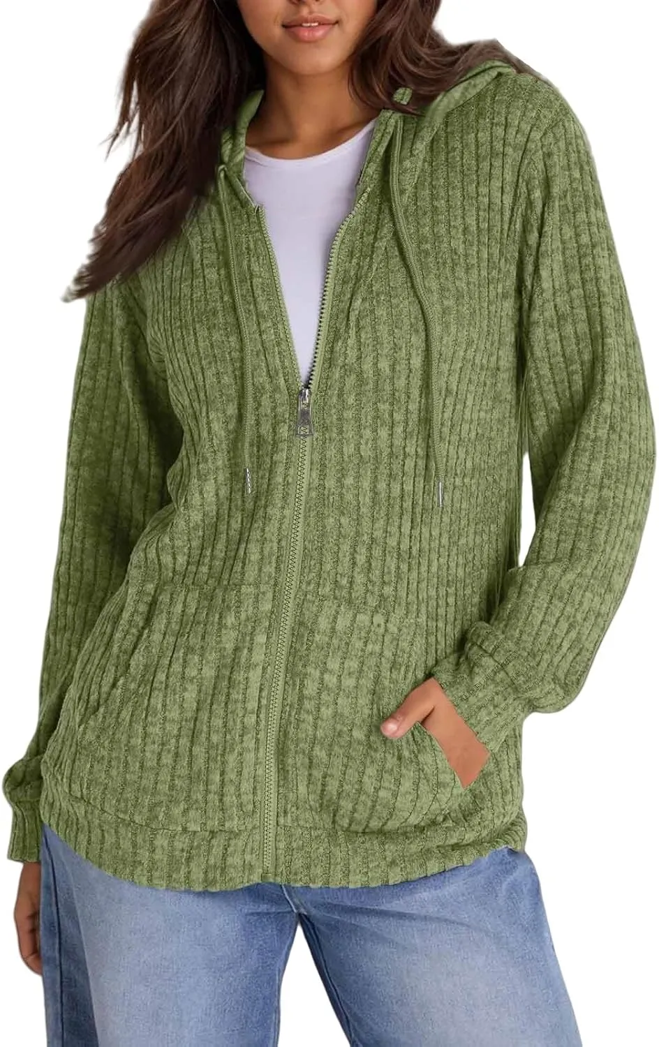 Zip Up Hoodie Women Oversized Zip Up Sweaters Casual Drawstring Lightweight Knit Athletic Zip Up Jackets with Pockets