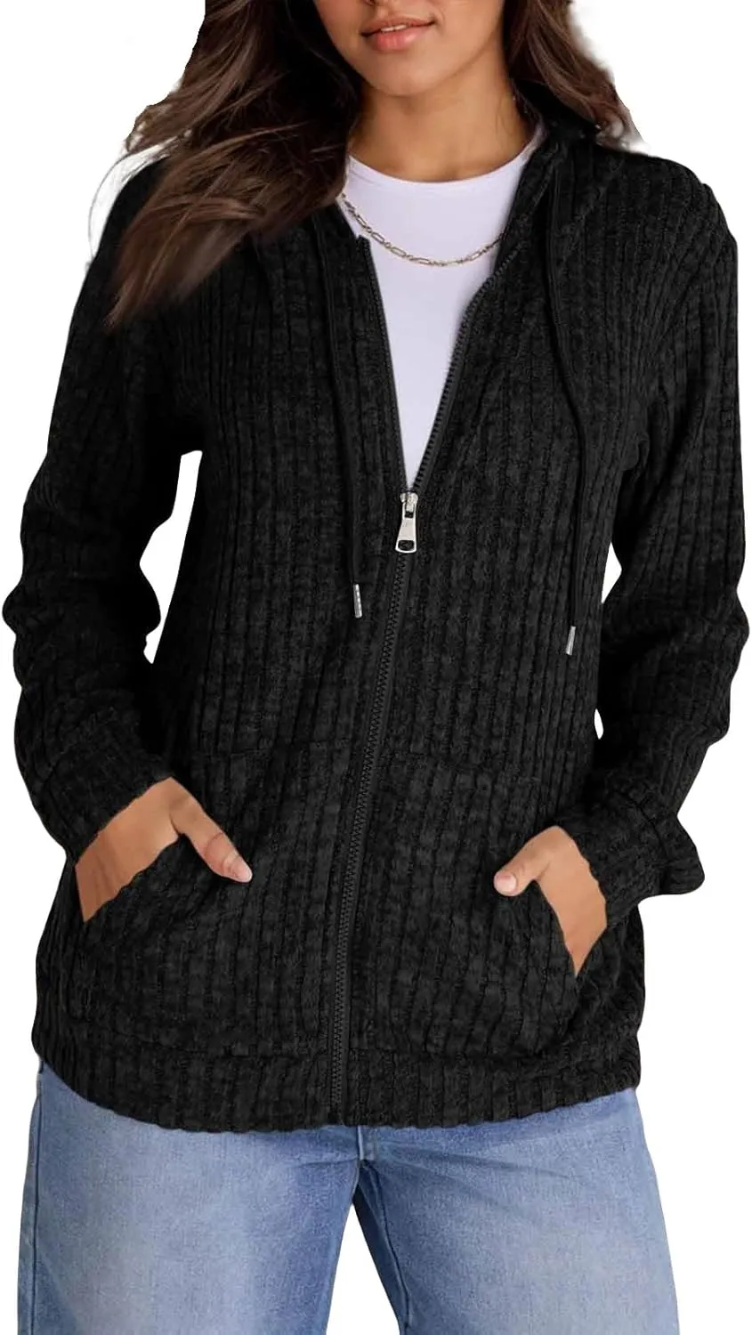 Zip Up Hoodie Women Oversized Zip Up Sweaters Casual Drawstring Lightweight Knit Athletic Zip Up Jackets with Pockets