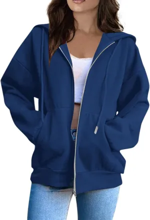 Zip Up Hoodies for Women Fashion Solid Color Outdoor Casual Sports Loose Comfortable Long Sleeve Hooded Jacket