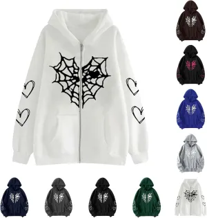 Zip Up Hoodies for Women Y2K Sweatshirt Spider Web Print Halloween Love Heart Goth Hooded Hoodie Hoody with Pockets