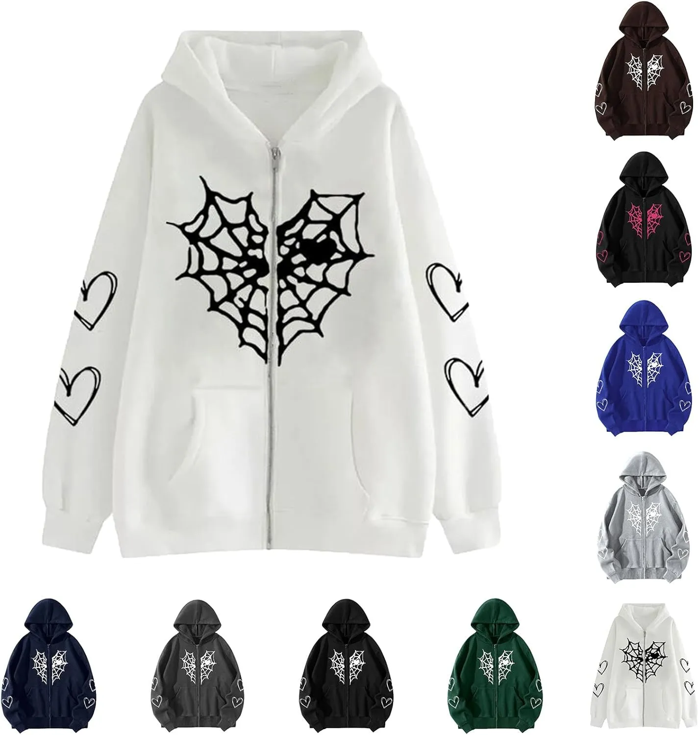 Zip Up Hoodies for Women Y2K Sweatshirt Spider Web Print Halloween Love Heart Goth Hooded Hoodie Hoody with Pockets