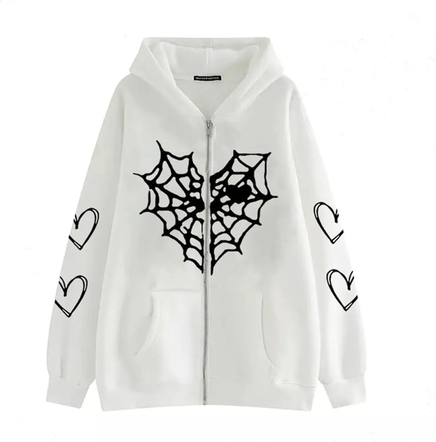 Zip Up Hoodies for Women Y2K Sweatshirt Spider Web Print Halloween Love Heart Goth Hooded Hoodie Hoody with Pockets