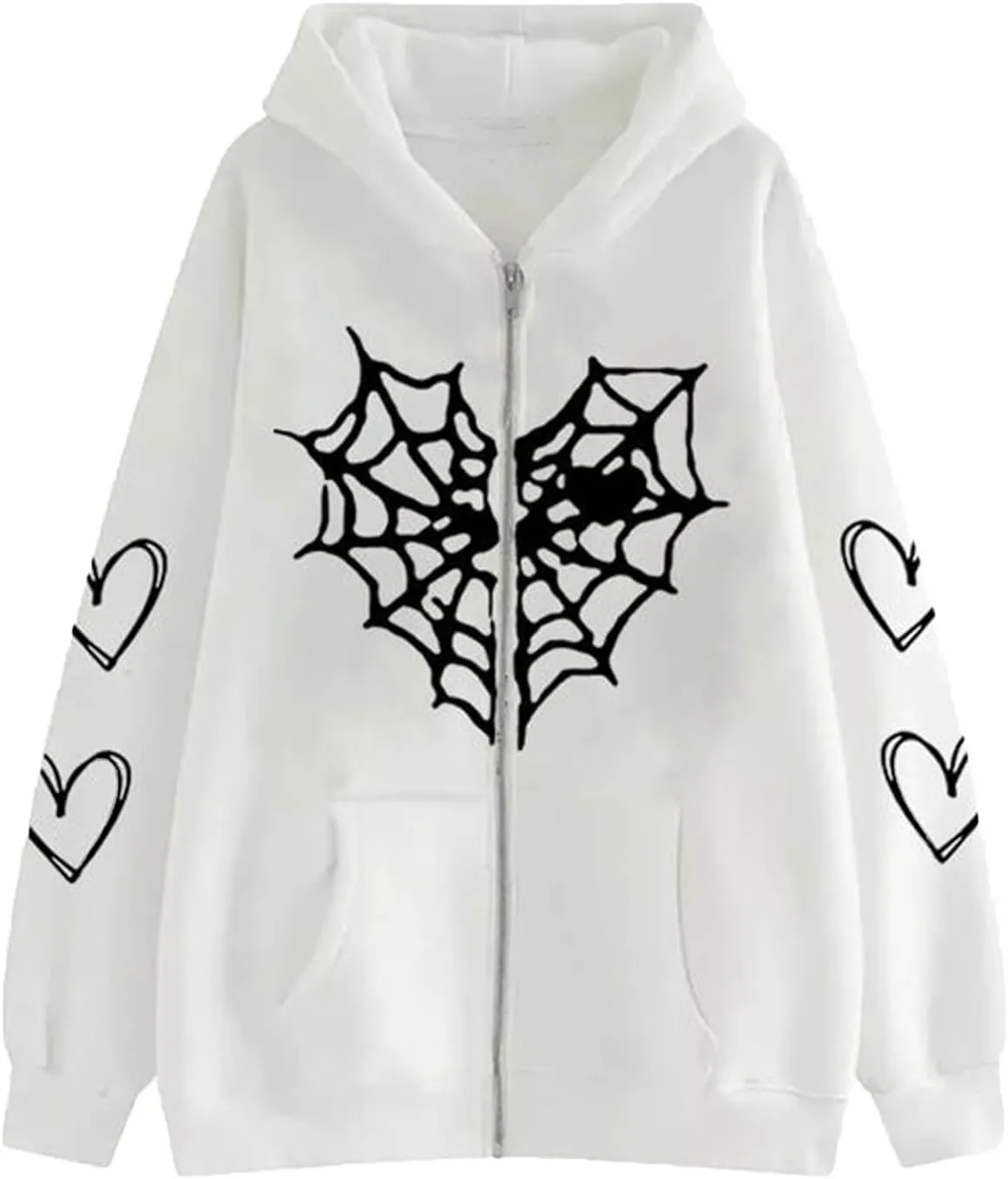 Zip Up Hoodies for Women Y2K Sweatshirt Spider Web Print Halloween Love Heart Goth Hooded Hoodie Hoody with Pockets