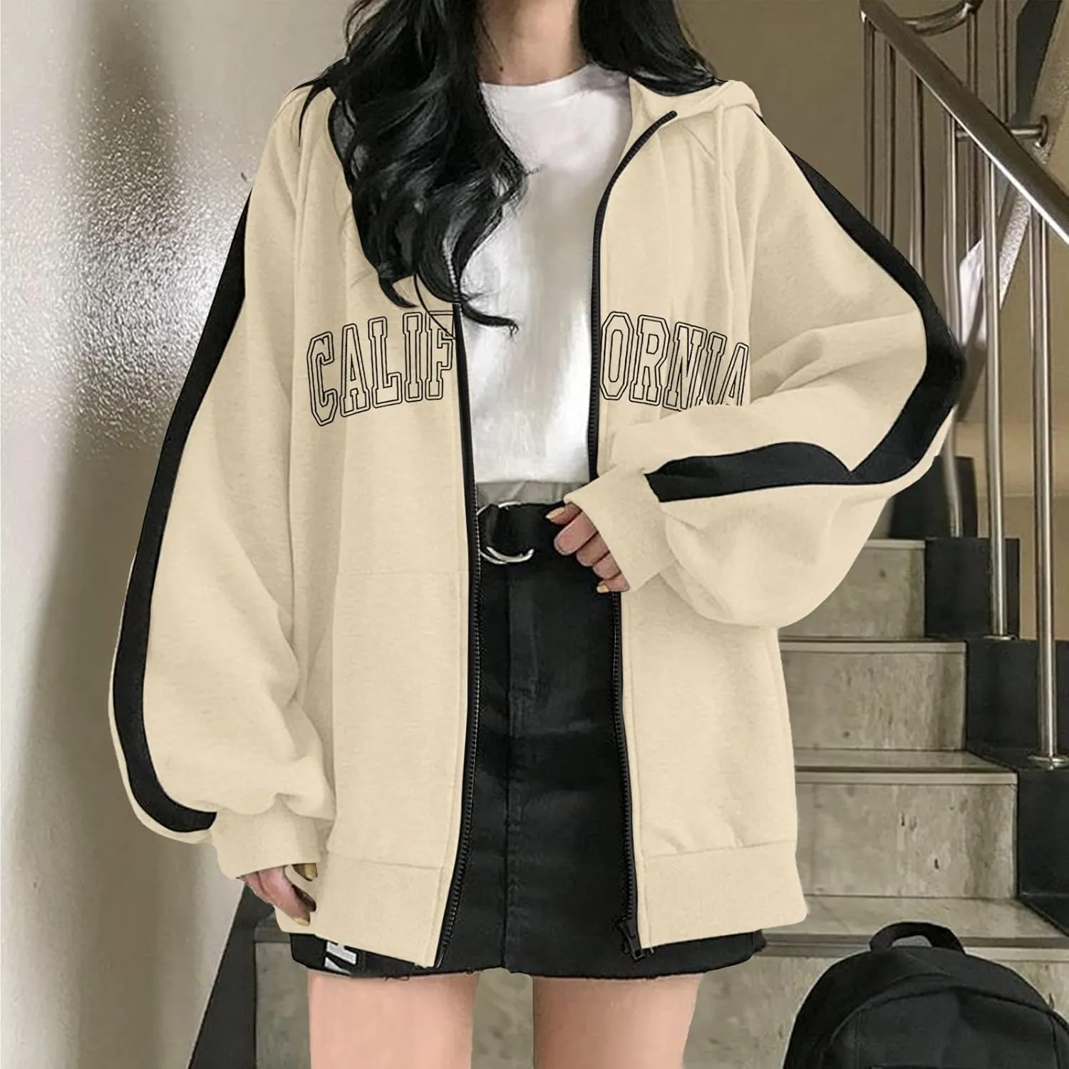 Zip Up Oversized Striped Hoodies for Women 2024 Letter Print Ladies with Hood Jackets Trendy Loose Fit California Y2K