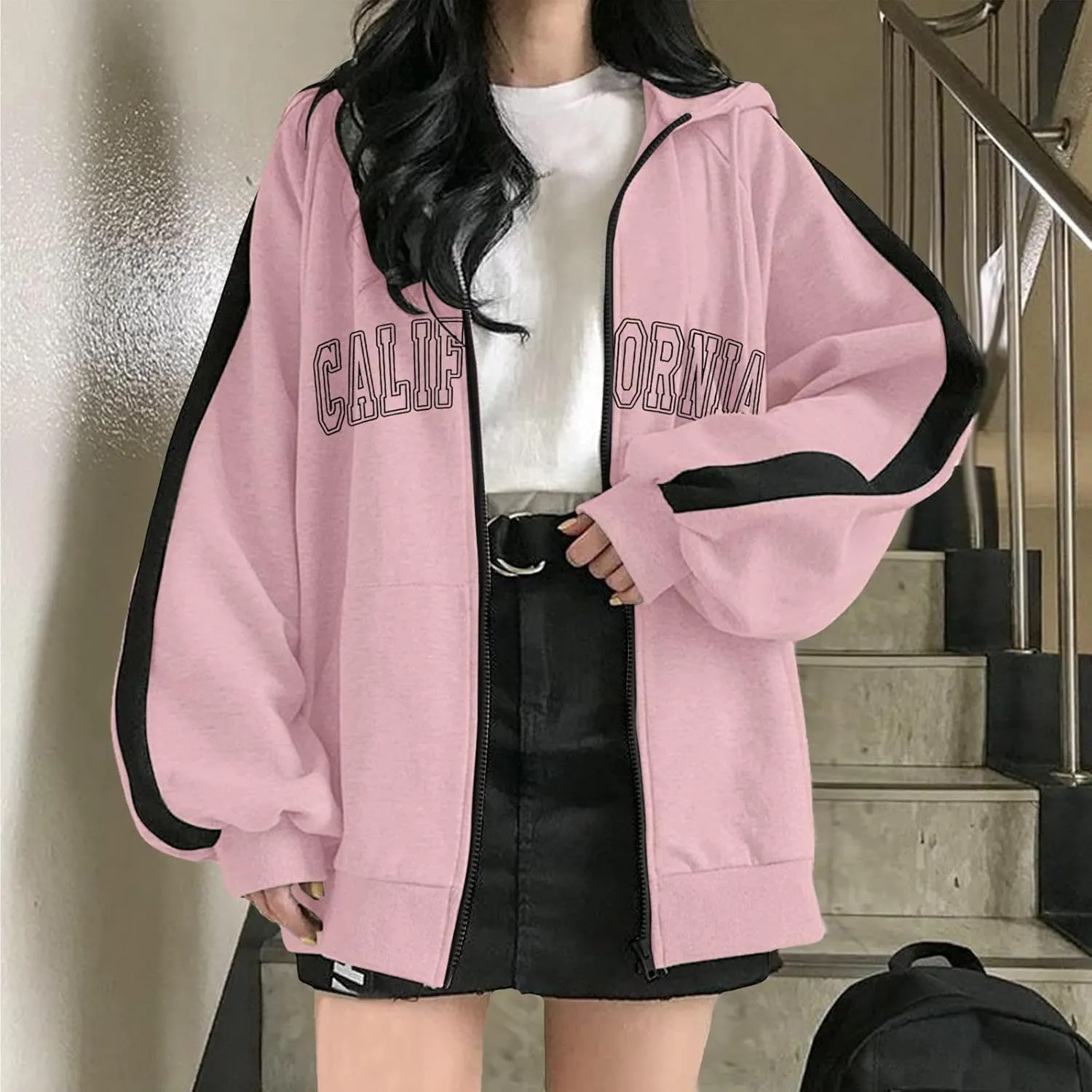 Zip Up Oversized Striped Hoodies for Women 2024 Letter Print Ladies with Hood Jackets Trendy Loose Fit California Y2K