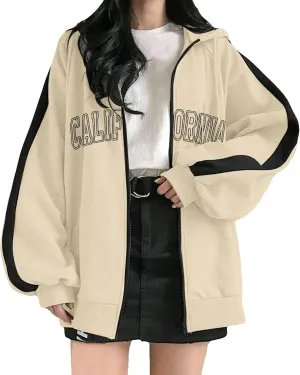 Zip Up Oversized Striped Hoodies for Women 2024 Letter Print Ladies with Hood Jackets Trendy Loose Fit California Y2K