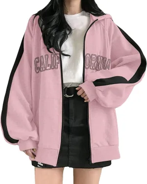 Zip Up Oversized Striped Hoodies for Women 2024 Letter Print Ladies with Hood Jackets Trendy Loose Fit California Y2K