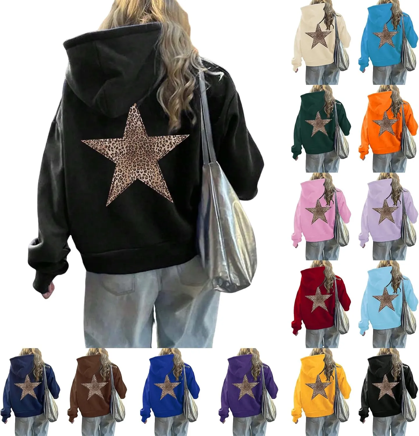 ZWRXW Oversized Graphic Hoodie Sweatshirt for Women Leopard Star Long Sleeve Pullover Sweater Fashion Y2K Outfits Tops