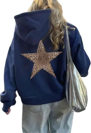 ZWRXW Oversized Graphic Hoodie Sweatshirt for Women Leopard Star Long Sleeve Pullover Sweater Fashion Y2K Outfits Tops
