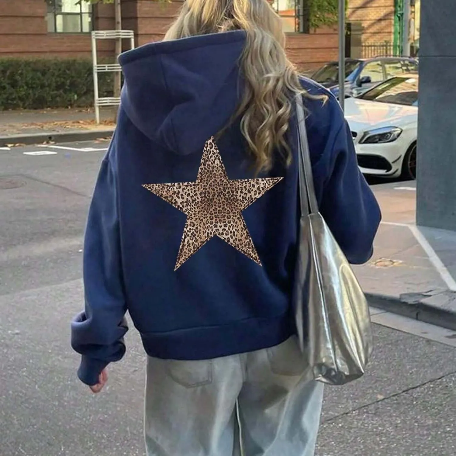 ZWRXW Oversized Graphic Hoodie Sweatshirt for Women Leopard Star Long Sleeve Pullover Sweater Fashion Y2K Outfits Tops