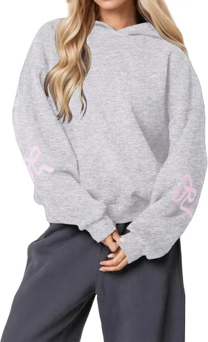 ZWRXW Womens Bow Print Hoodies Oversized Long Sleeve Drop Shoulder Sweatshirts Fall Winter Casual Hooded Pullover Tops