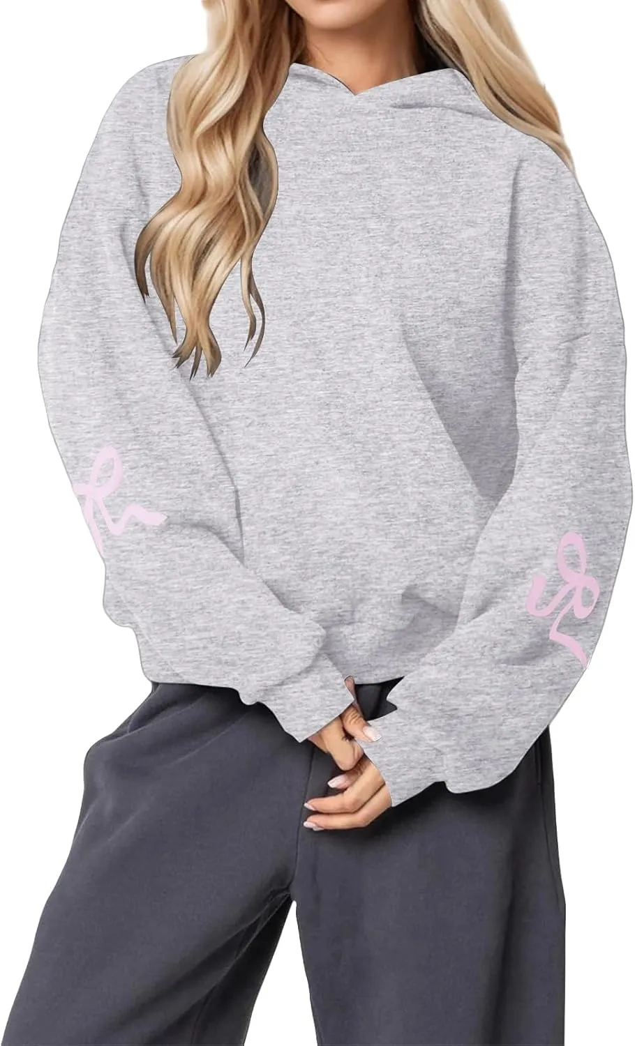 ZWRXW Womens Bow Print Hoodies Oversized Long Sleeve Drop Shoulder Sweatshirts Fall Winter Casual Hooded Pullover Tops