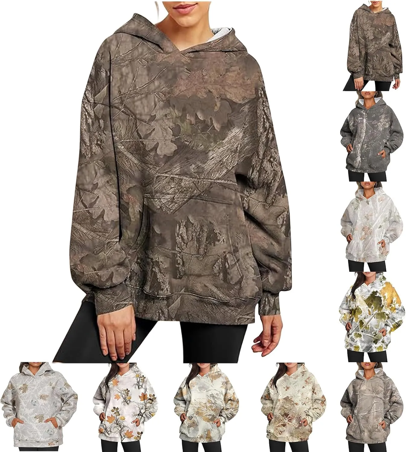 ZWRXW Womens Camo Hoodie Maple Leaf Print Oversized Hooded Sweatshirt Long Sleeve Sweaters Pullover Fall Outfits with Pockets