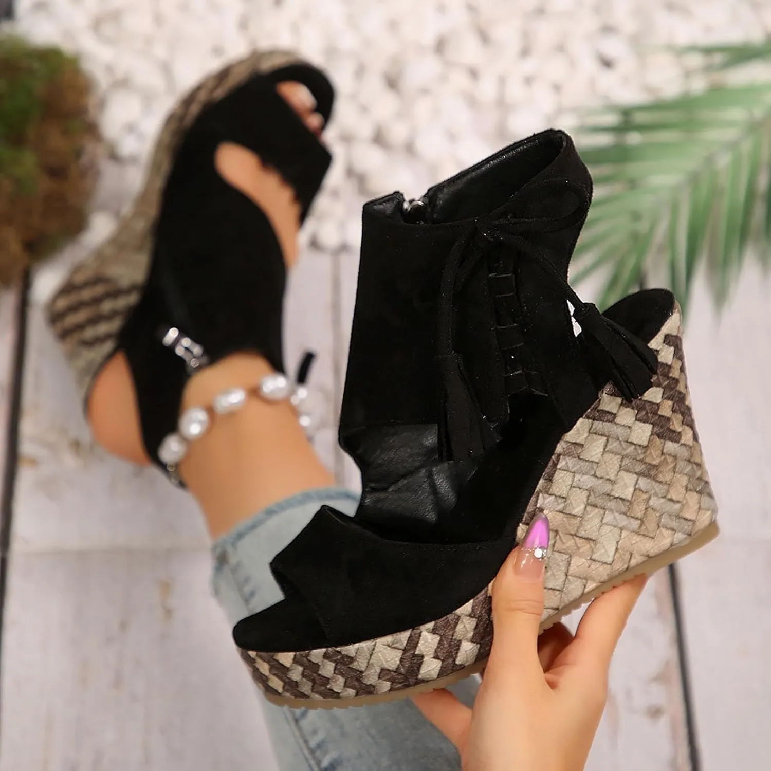ZWRXW Women's Platform Sandals Casual Summer Dressy Wedge Sandal with Arch Support Orthopedic Comfortable High Heeled Wedges Adjustable Elastic Ankle Strap Open Toe Sandals Fashion Streetwear