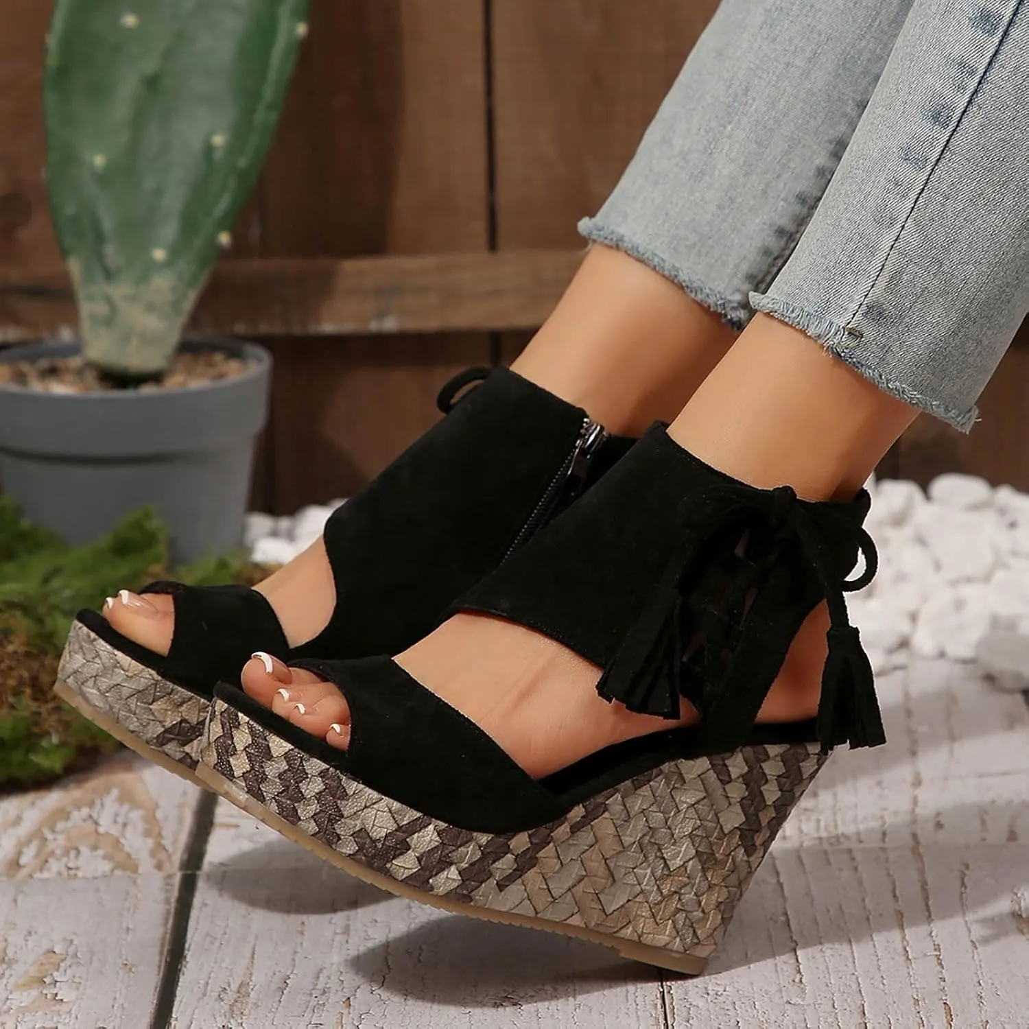 ZWRXW Women's Platform Sandals Casual Summer Dressy Wedge Sandal with Arch Support Orthopedic Comfortable High Heeled Wedges Adjustable Elastic Ankle Strap Open Toe Sandals Fashion Streetwear