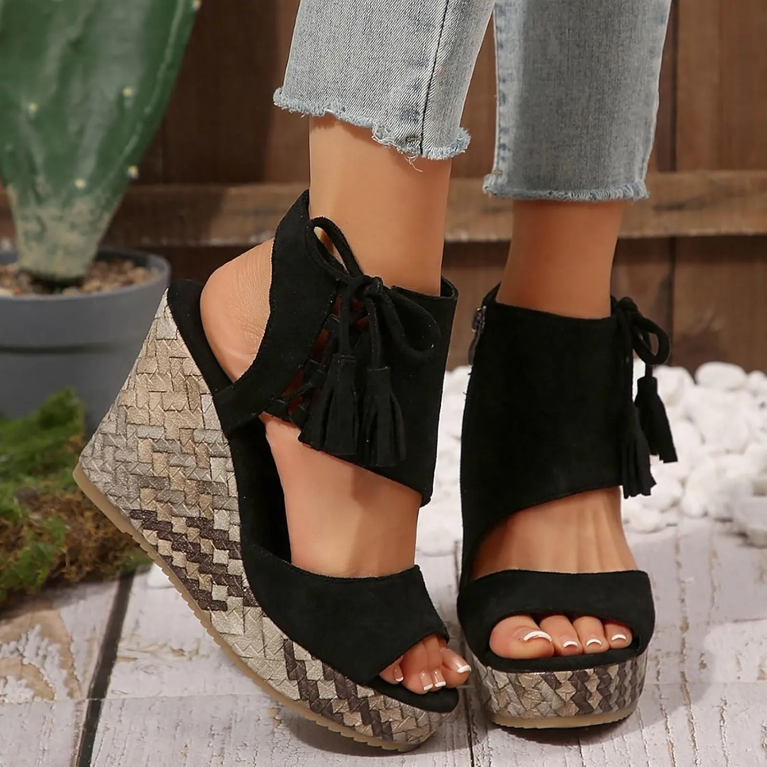 ZWRXW Women's Platform Sandals Casual Summer Dressy Wedge Sandal with Arch Support Orthopedic Comfortable High Heeled Wedges Adjustable Elastic Ankle Strap Open Toe Sandals Fashion Streetwear