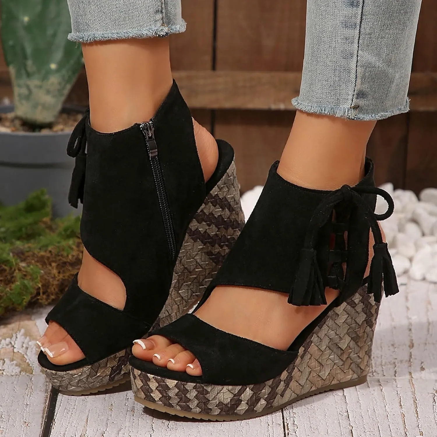 ZWRXW Women's Platform Sandals Casual Summer Dressy Wedge Sandal with Arch Support Orthopedic Comfortable High Heeled Wedges Adjustable Elastic Ankle Strap Open Toe Sandals Fashion Streetwear